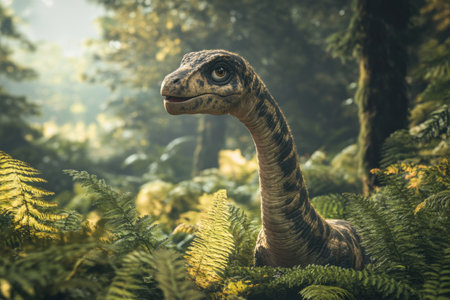 A cartoon dinosaur is standing in a lush green forestの素材