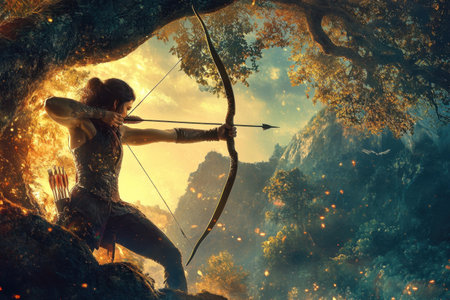 A man is holding a bow and arrow in a forest. Scene is adventurous and excitingの素材