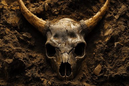 A skull is in a dirt hole with a large horn on topの素材