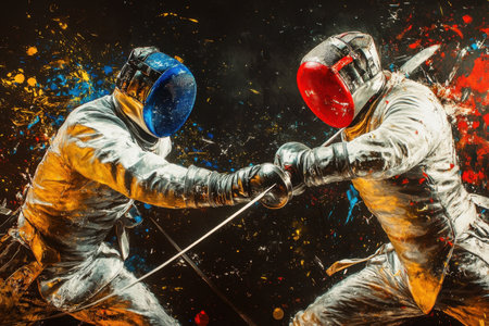 Two men are fencing in a dark room with sparks flyingの素材