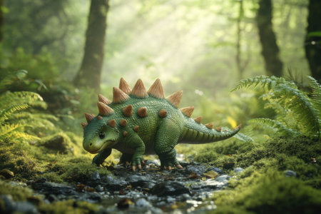 A green dinosaur with spikes on its head is standing on a mossy forest floorの素材