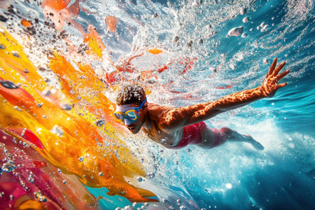 A man is swimming in the ocean wearing gogglesの素材