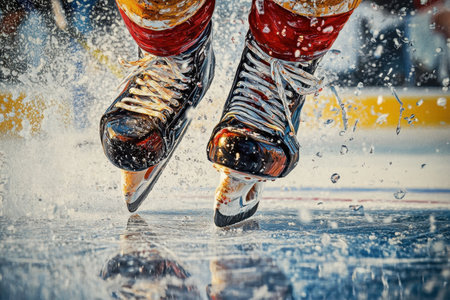 A hockey player is skating on the iceの素材