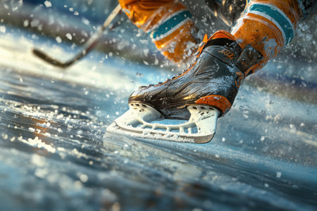 A hockey player is skating on the iceの素材