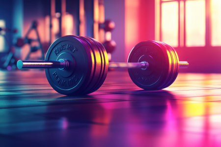 A large weight bar is on the floor in a gymの素材