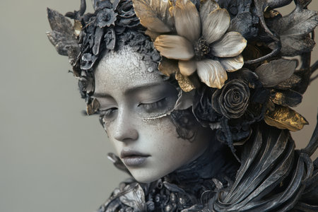 A woman with a flowery headdress and gold accents. The woman has a pale complexion and is looking away from the camera. The image has a dreamy, ethereal quality to itの素材