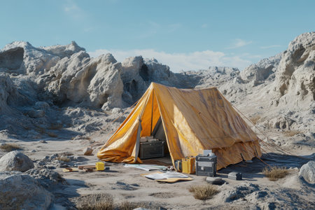 A yellow tent is set up in a rocky desert. The tent is small and he is in disrepair. There are several pieces of equipment scattered around the tent, including a laptop, a camera, and a backpackの素材