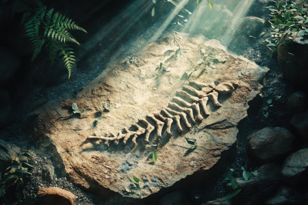 A fossilized leaf is on a rock. The leaf is partially covered by dirt and the rock is covered in moss. The image has a moody and mysterious feel to it, as if it were taken in a darkの素材