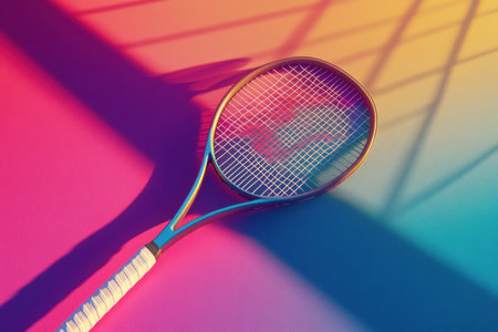 A tennis racket is shown with a tennis ball in the airの素材