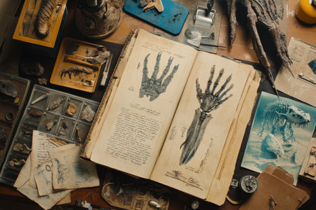 A book is open to a page with a drawing of a hand and a foot. The book is on a table with other items, including a dinosaur fossil. Scene is one of curiosity and fascination with the natural worldの素材