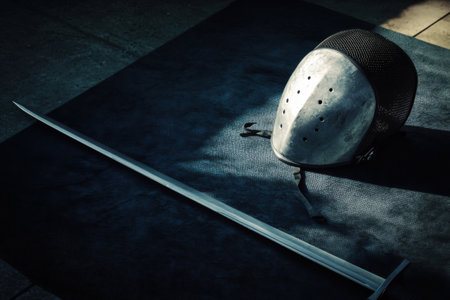 A fencing sword and a fencing helmet are on a blue surface. The sword is long and the helmet is black and silverの素材