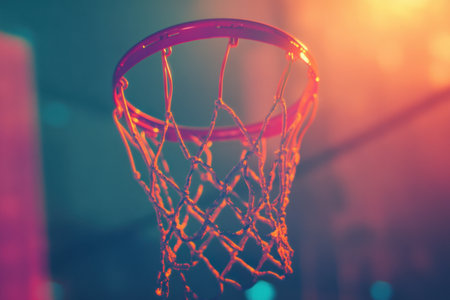 A basketball net is shown in a blurry, colorful image. The net is suspended from a wire, and the colors of the net are vibrant and eye-catching. Concept of energy and excitementの素材