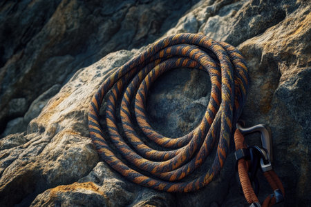 A rope is tied to a rock. The rope is brown and blackの素材