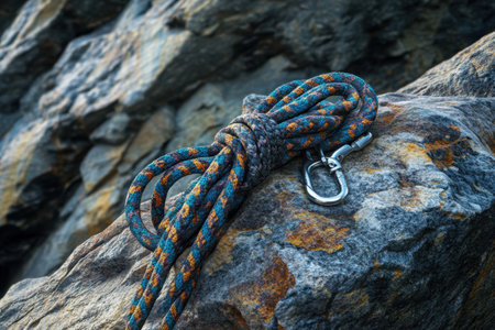 A rope is tied to a rock with a metal clip. The rope is blue and orange. The rock is gray and roughの素材