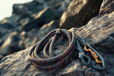A rope is tied to a rock with a metal clipの素材