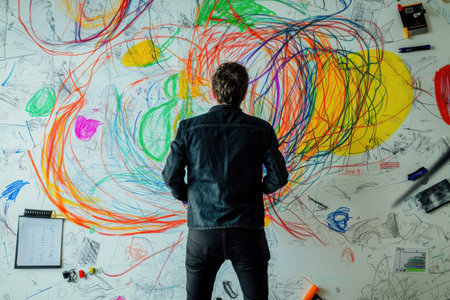 A person is painting a large canvas with a variety of colorsの素材