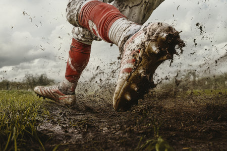 A soccer player kicks a ball in the mudの素材