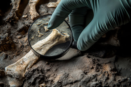 A person is looking at a fossilized bone with a magnifying glassの素材