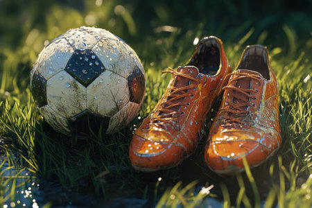 A soccer ball and a shoe are on a grassy fieldの素材