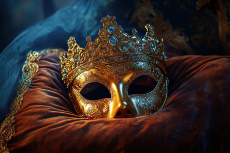 A golden mask is on a pillow. The pillow is red and the mask is gold. The mask is on the pillow and it is not visibleの素材