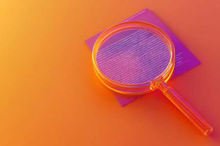 A magnifying glass is on a piece of paper with a lot of text. The text is written in a foreign language and he is a code. Concept of mystery and intrigueの素材