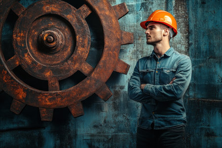 A man in a hard hat stands in front of a large, rusted gear. Concept of weariness and the passage of time, as the gear has clearly seen better daysの素材