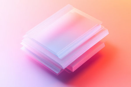 A stack of clear plastic sheets with a pink background. The sheets are arranged in a way that they look like they are stacked on top of each other. The image has a futuristic and abstract feel to itの素材