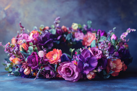 A purple and orange flower wreath with a blue background. The wreath is full of flowers and has a very colorful and lively appearanceの素材