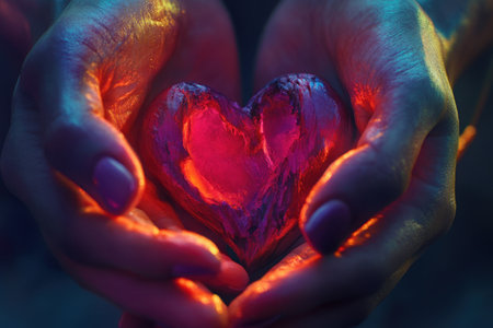 A person is holding a heart made of glass. The heart is red and has a rough texture. The person's hands are cupped around the heart, creating a sense of warmth and protectionの素材