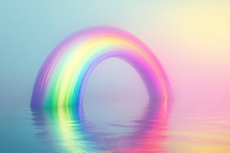 A rainbow is reflected in the water. The rainbow is very colorful and it looks like it is floating in the waterの素材