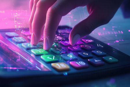 A hand is pressing a calculator with a purple background. The calculator has a green button in the middleの素材