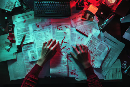 A person is typing on a keyboard in front of a table with a lot of papers. The papers are scattered all over the table and the person's hands are on top of them. Scene is chaotic and disorganizedの素材