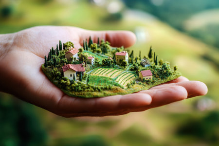 A hand holding a small model of a village with houses and a vineyard. The scene is peaceful and serene, with the houses and vineyard blending seamlessly into the landscapeの素材