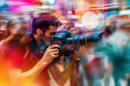 A man is taking a picture of a crowd with a camera. The man is wearing a black shirt and a black hat. The crowd is in the background and the man is in the foreground. The image has a sense of motionの素材