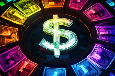 A colorful dollar sign is surrounded by stacks of money. Concept of abundance and wealthの素材