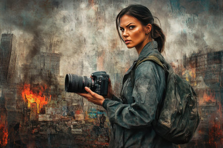 A woman is holding a camera in a post apocalyptic setting. Scene is dark and ominousの素材