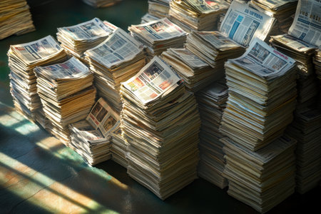 A pile of newspapers is stacked on top of each other. The newspapers are old and crumpled, and they are piled high. The scene gives off a sense of disorganization and clutterの素材