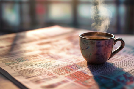 A cup of coffee is sitting on top of a newspaper. The steam from the coffee is rising up and filling the air. The scene is peaceful and calming, as the warmth of the coffeeの素材