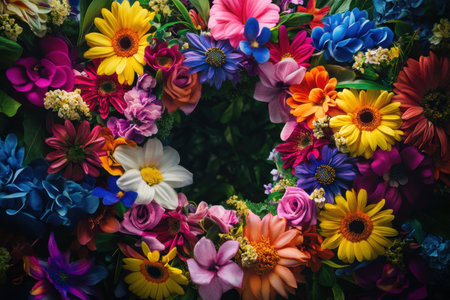 A colorful flower arrangement with a large flower in the center. The arrangement is full of different colored flowers, including yellow, pink, blue, and whiteの素材
