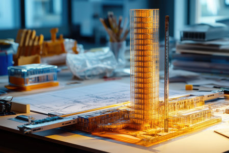 A model of a building is on a table with a pencil and a ruler. The building is tall and has a lot of windows. The table is cluttered with various items, including a cup, a bottle, and a bookの素材