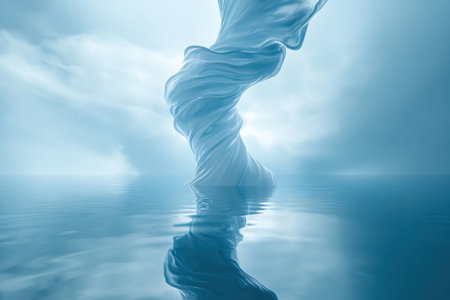 A large, twisted piece of ice is floating in the ocean. The water is calm and blue, and the sky is cloudy. Concept of mystery and wonderの素材