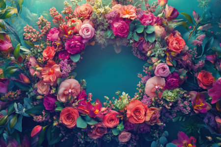 A colorful flower arrangement in the center of a blue background. The flowers are arranged in a circle and include roses, lilies, and other colorful blooms. The arrangement is vibrant and livelyの素材