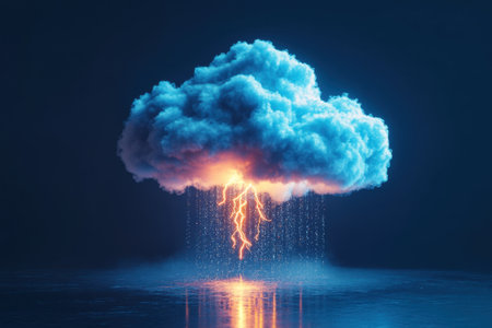A large blue cloud with a lightning bolt in the middle. The cloud is pouring rain. Scene is dramatic and intenseの素材
