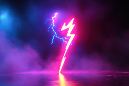 A neon sign of a lightning bolt with the number 1 on it. The image has a mood of excitement and energyの素材
