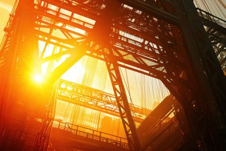 A large steel structure with a sun shining on it. The sun is in the middle of the image and is casting a shadow on the structureの素材