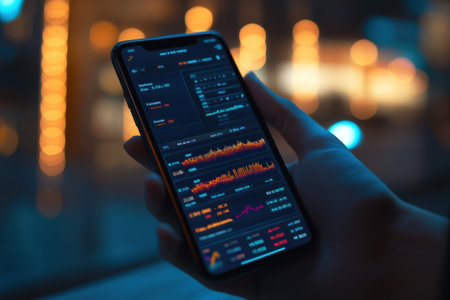 A person is holding a cell phone that is displaying a graph of stock prices. Concept of financial interest and investment. The bright colors of the graphの素材