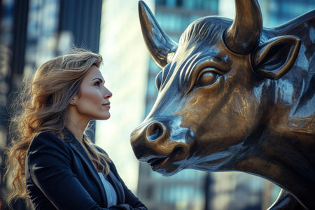 A woman stands in front of a bull statue. The woman is wearing a black jacket and a black hat. The bull statue is made of metal and is located in a cityの素材