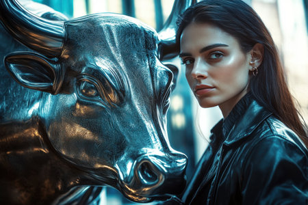 A woman stands in front of a bull statue. The woman is wearing a black jacket and has her hair pulled back. The image has a moody and mysterious feel to itの素材