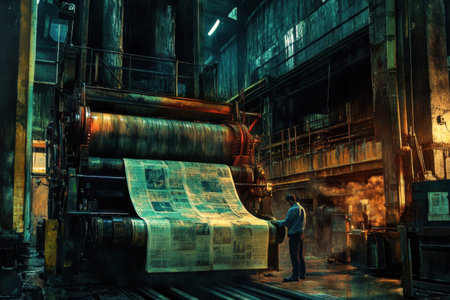 A man is standing in front of a large machine that is printing newspapers. The scene is dark and industrial, with the man looking down at the machine. Scene is somber and seriousの素材