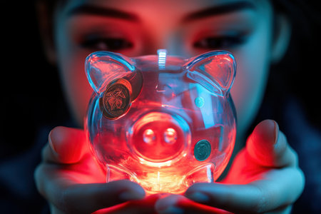 A woman is holding a piggy bank with coins inside. The piggy bank is glowing red, creating a warm and inviting atmosphere. The woman's face is illuminated by the lightの素材